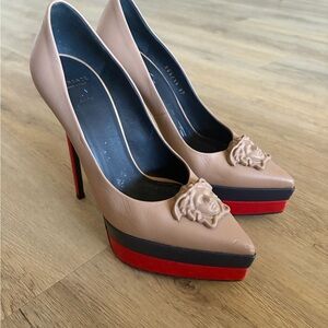 Versace Beige Leather Medusa Platform Pumps with Black and Red Accents